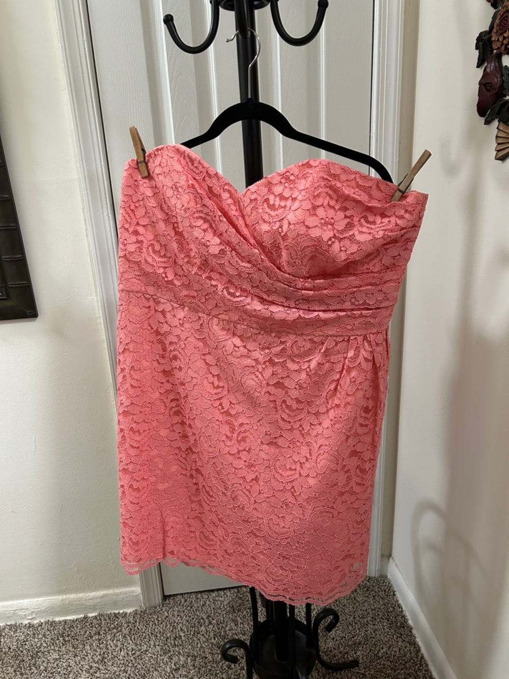 David's Bridal Coral Strapless Lace Cocktail Dress